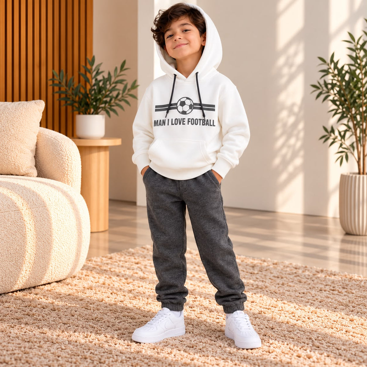 Boy in a white Man I Love Football hoodie and dark grey joggers in a living room