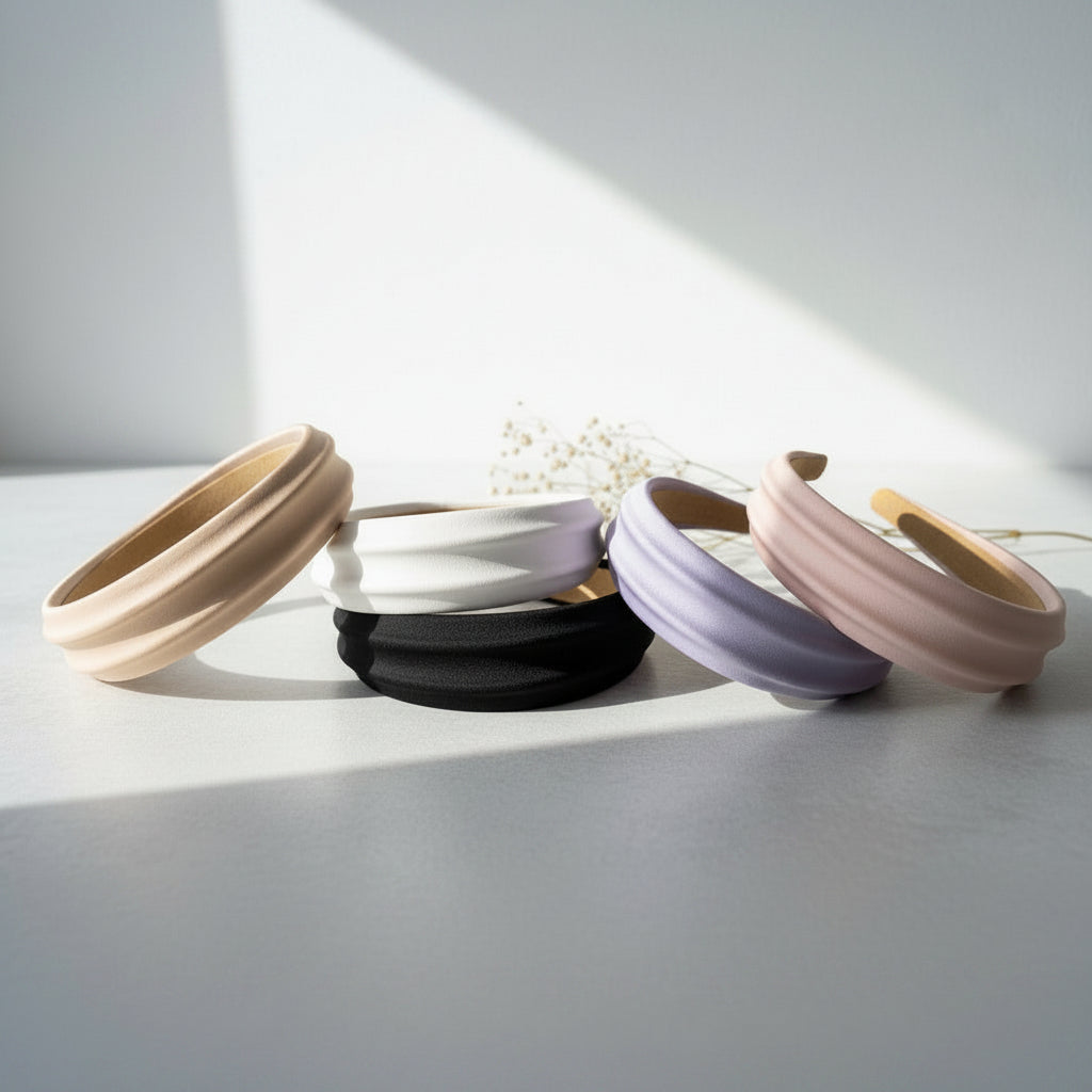 Matte headbands in beige, white, black, light purple, and pink
