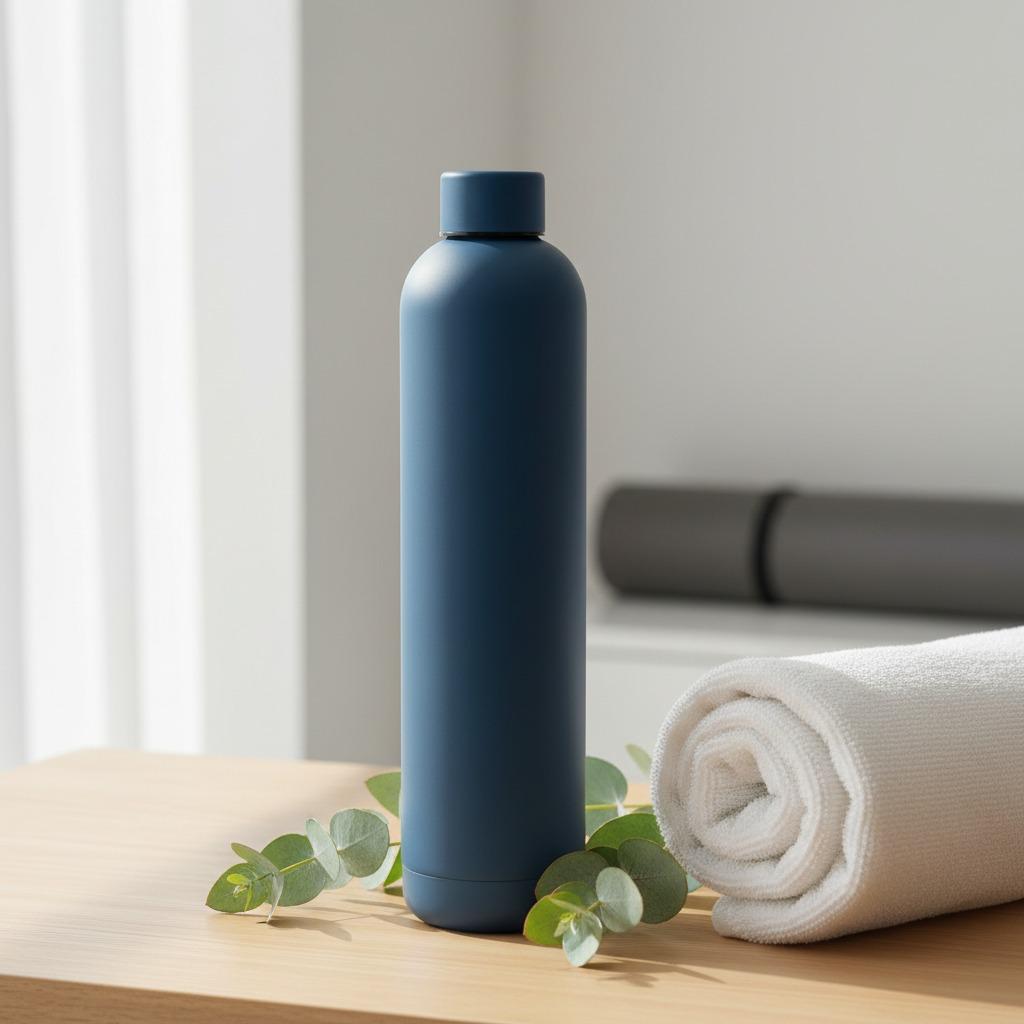 Slate blue matte 1L water flask beside a rolled yoga mat and towel