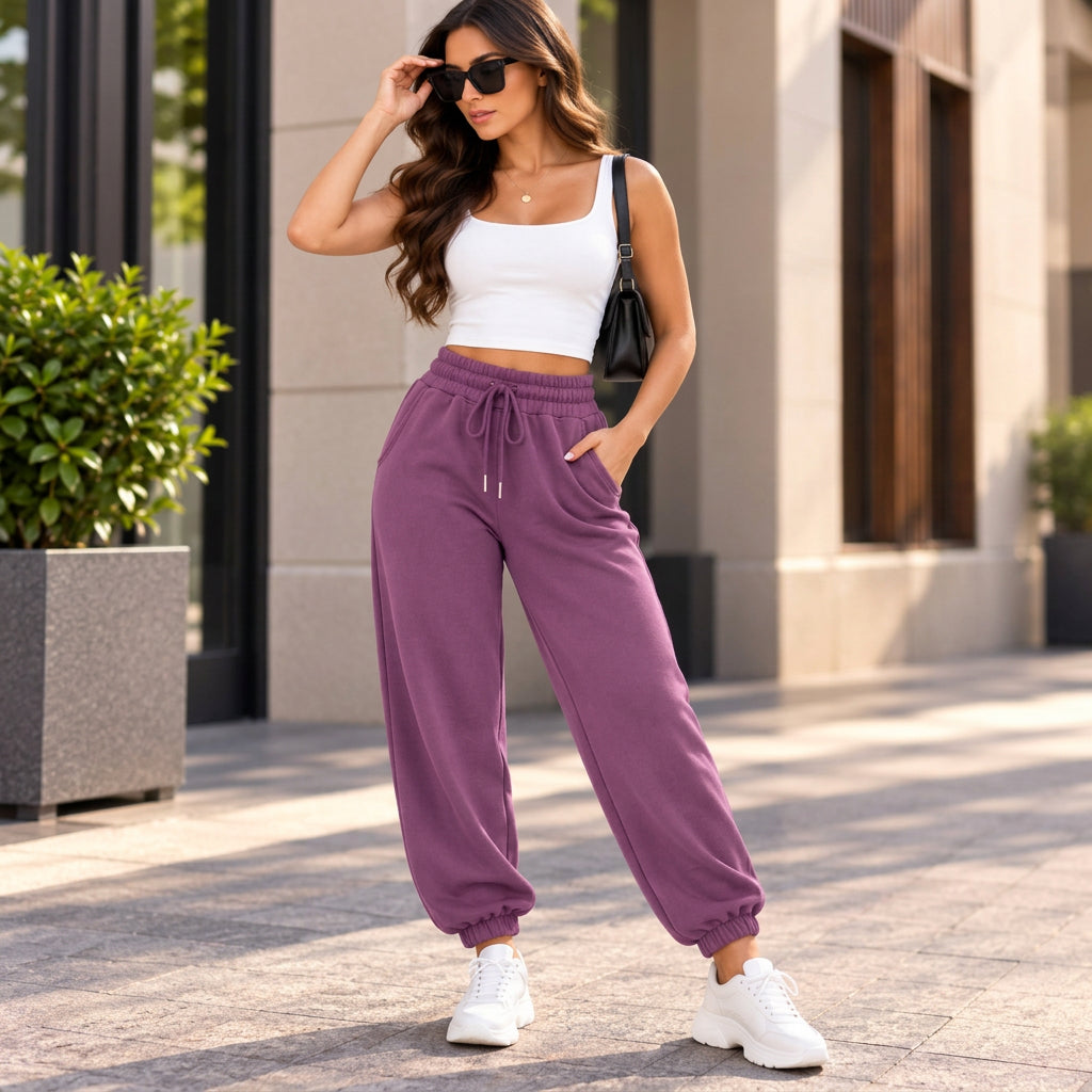 Woman in mauve purple cuffed joggers with a drawstring waist, a white tank crop top and white sneakers