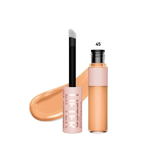 Maybelline Lifter concealer in shade 45 with a deeper golden peach swatch and applicator