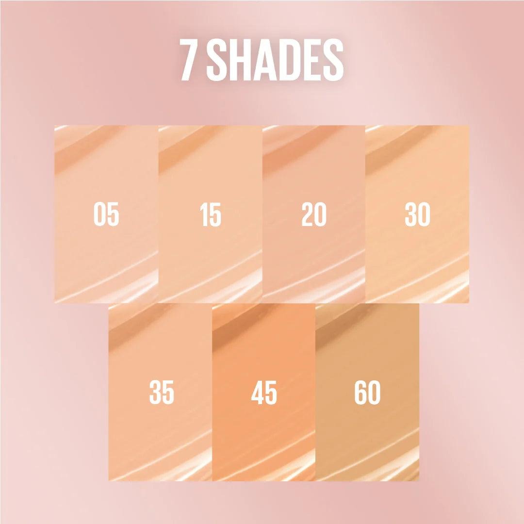Shade chart showing seven Lifter concealer swatches numbered 05 to 60 on a pink background
