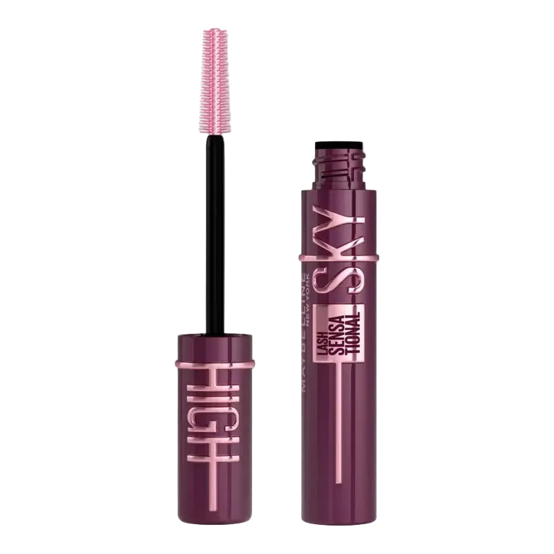 Maybelline Sky High mascara with a plum tube and rose gold lettering beside its pink bristle wand