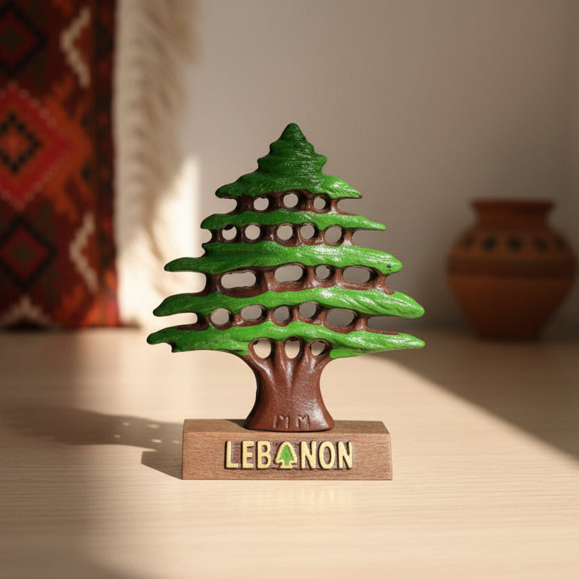 Bright green cedar tree statue with a red brown trunk on a wooden Lebanon base