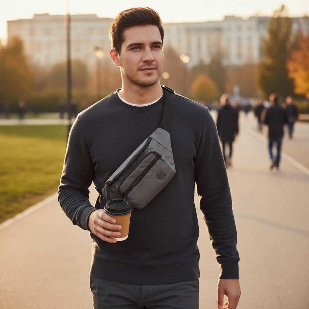 Man walking outdoors with a crossbody bag and coffee cup, surrounded by a park setting.