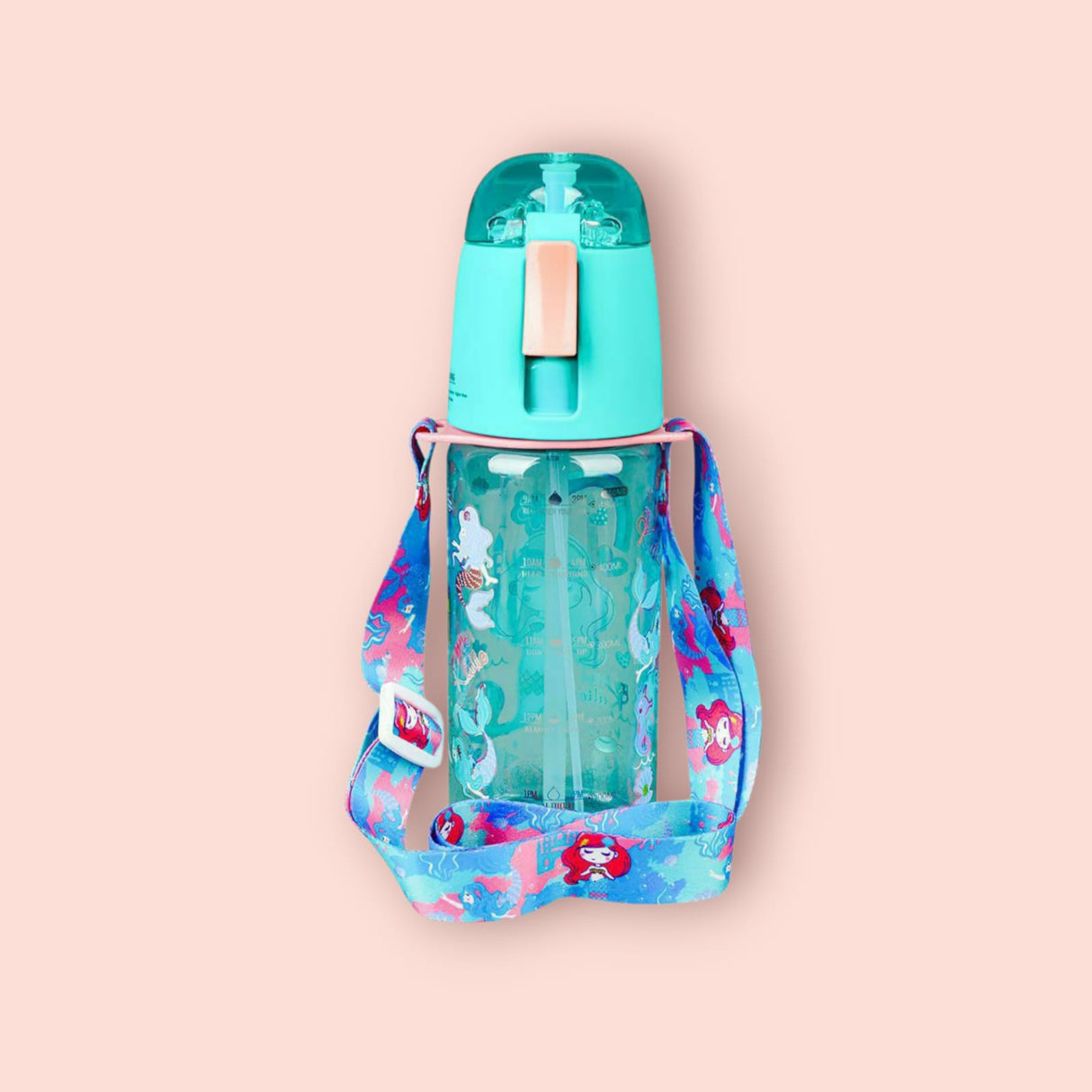 Turquoise mermaid water bottle with a colorful strap on a beige background