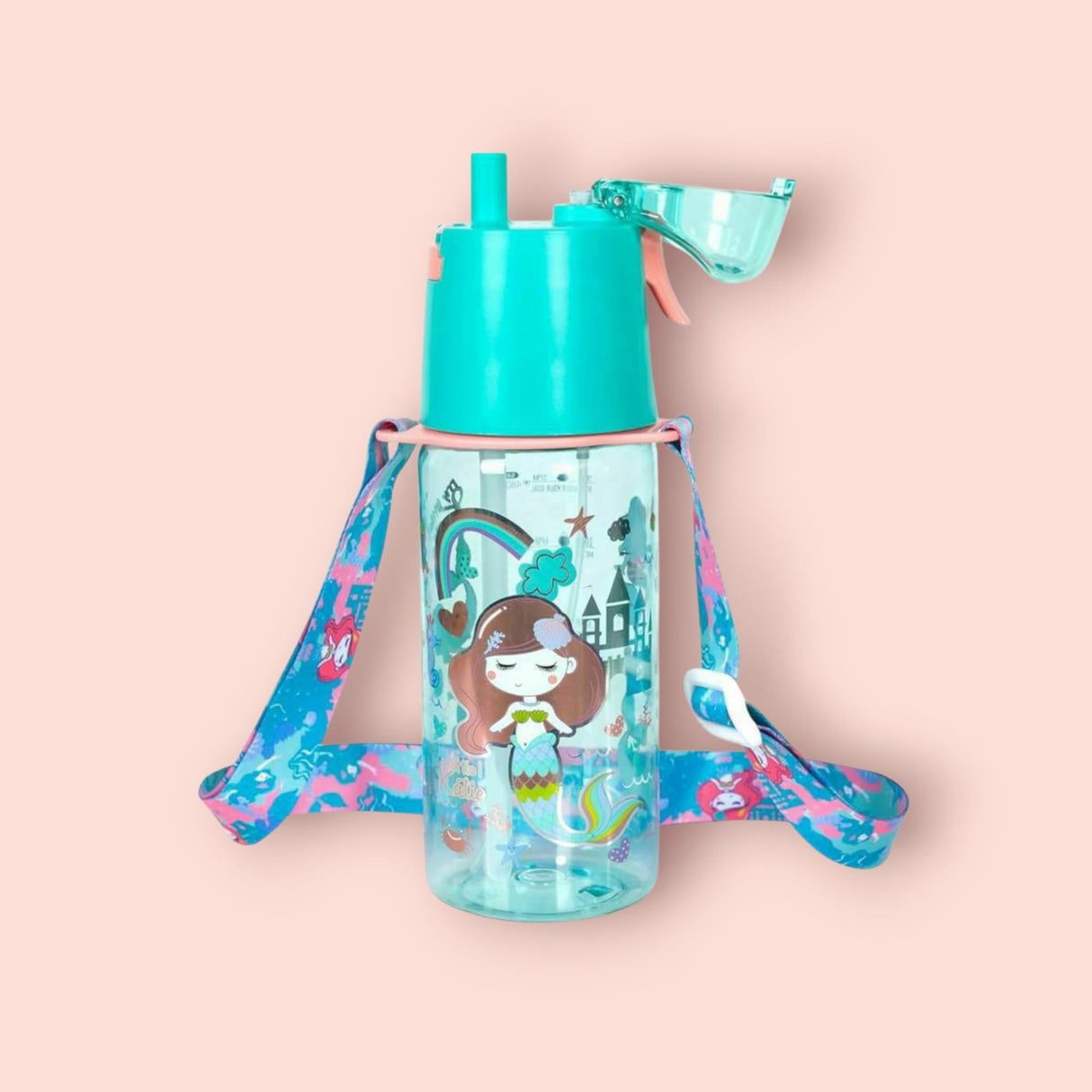 Children's mermaid water bottle with colorful design and strap on a pink background