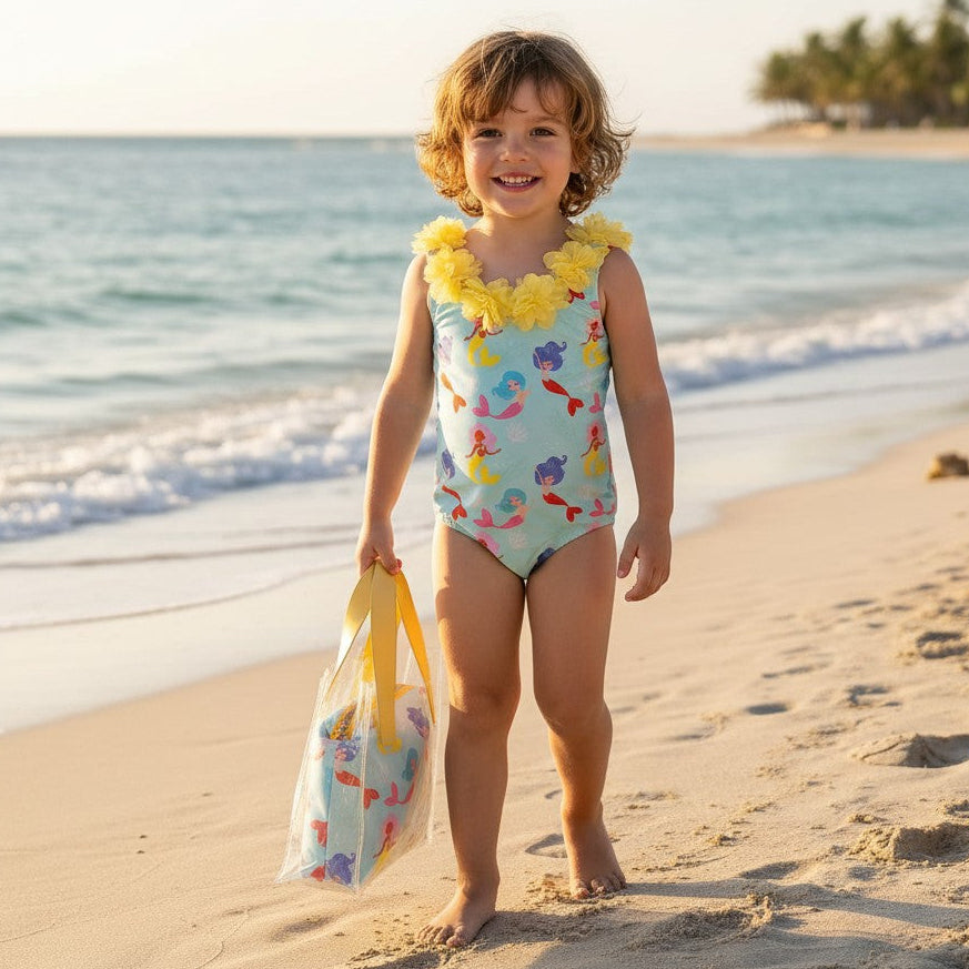 Girl wearing a mint mermaid print onepiece swimsuit with yellow ruffle trim on the beach