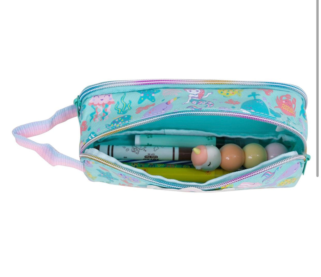 Mermaid pencil case with an open compartment that contains school supplies
