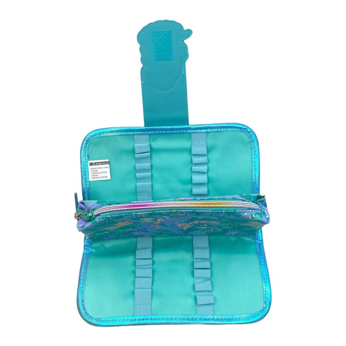 Opened mermaid pencil case, showing it's three compartments