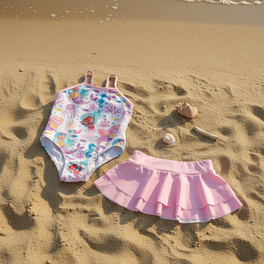 Mermaid print girls one-piece swimsuit with pink ruffle skirt