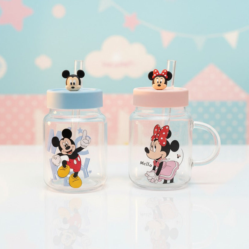 Mickey and Minnie glass jar mugs with pastel lids and character topped glass straws