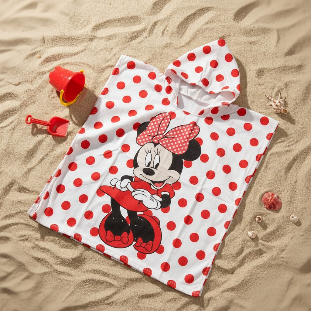 Red and white Minnie Mouse hooded towel poncho for kids