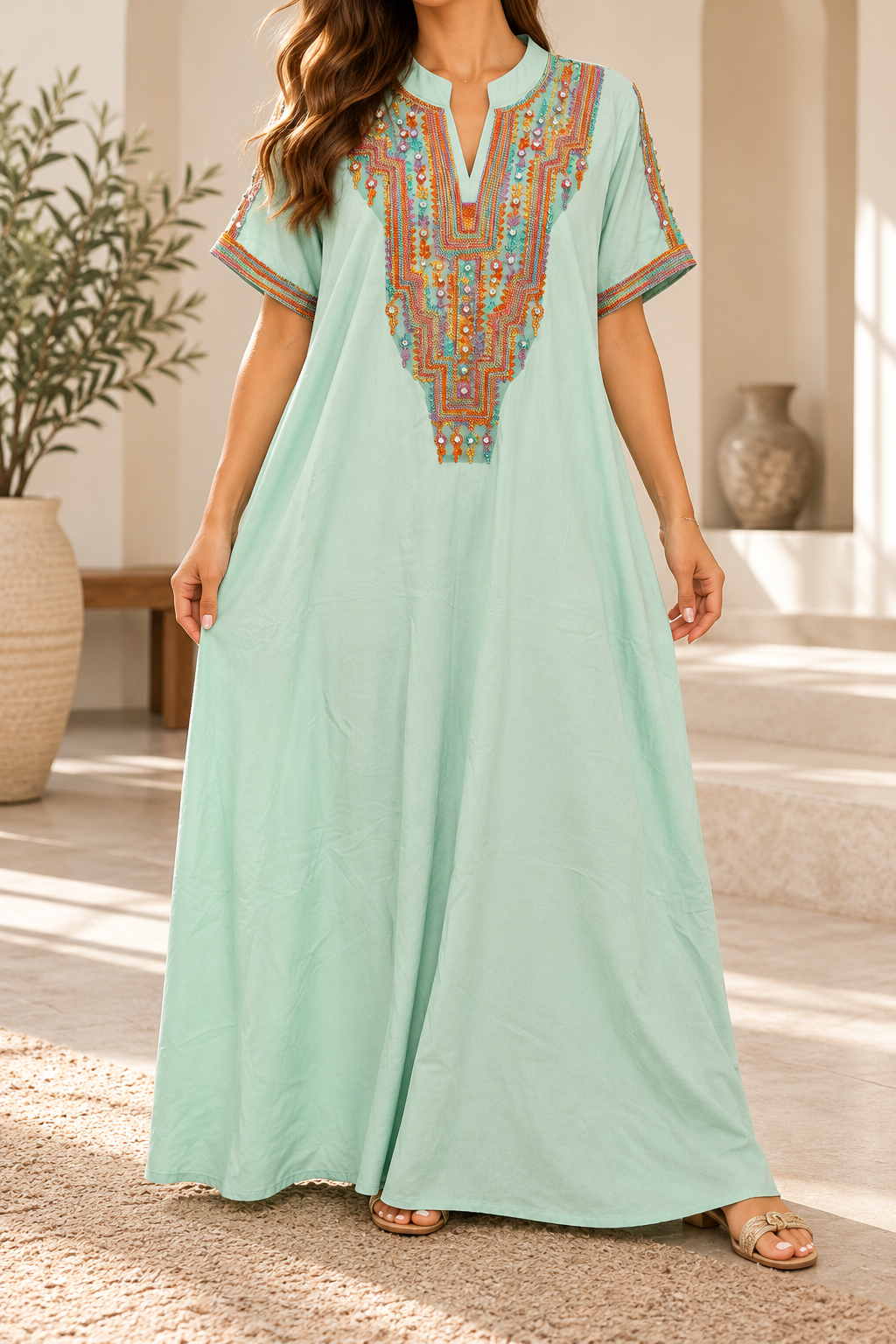Woman in a mint green maxi kaftan with a colourful embroidered neckline and short sleeves