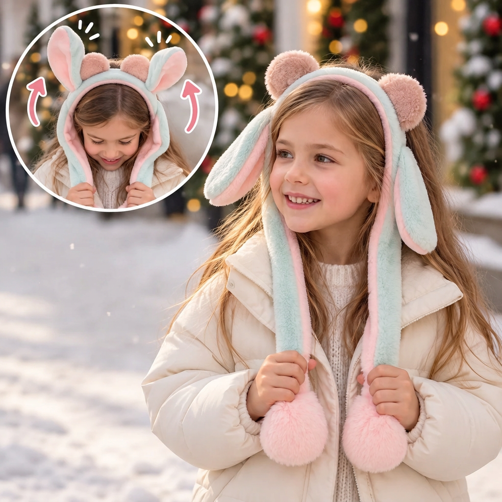 Girl in the snow wearing a mint green and pink ear headband, inset showing the ears popping up