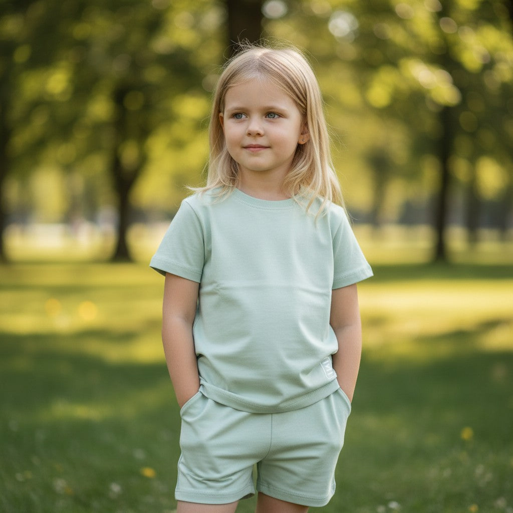 Girl in plain mint green tee and matching shorts set, Jack Gifts Online Lebanon