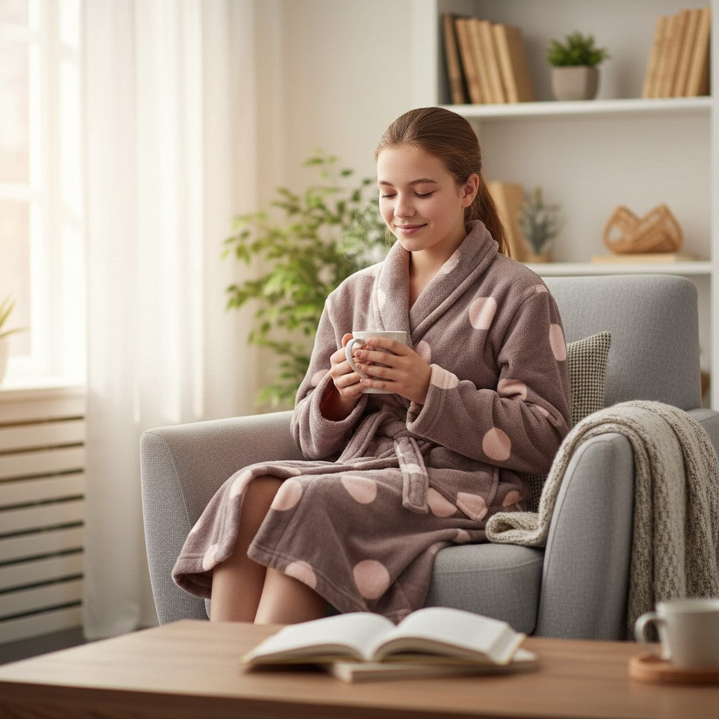 Girl reading in an armchair wearing a mocha robe with pink polka dots