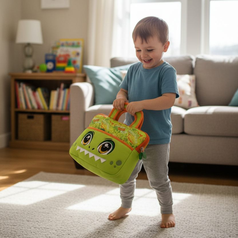 Toddler indoors swinging a green dinosaur face tablet bag with orange handles