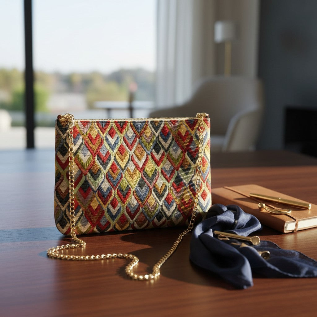 Multicolor diamond tapestry crossbody bag with a gold chain and zip top