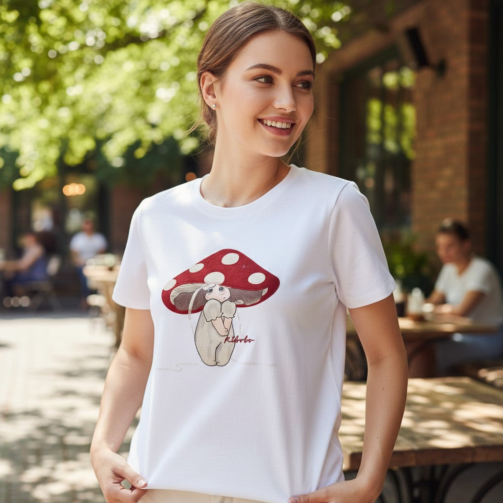 White mushroom girl print women's t-shirt