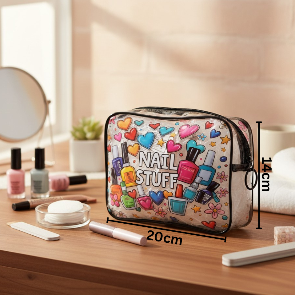 Cosmetic bag with 'Nail Stuff' design on a wooden table with nail polish and tools.