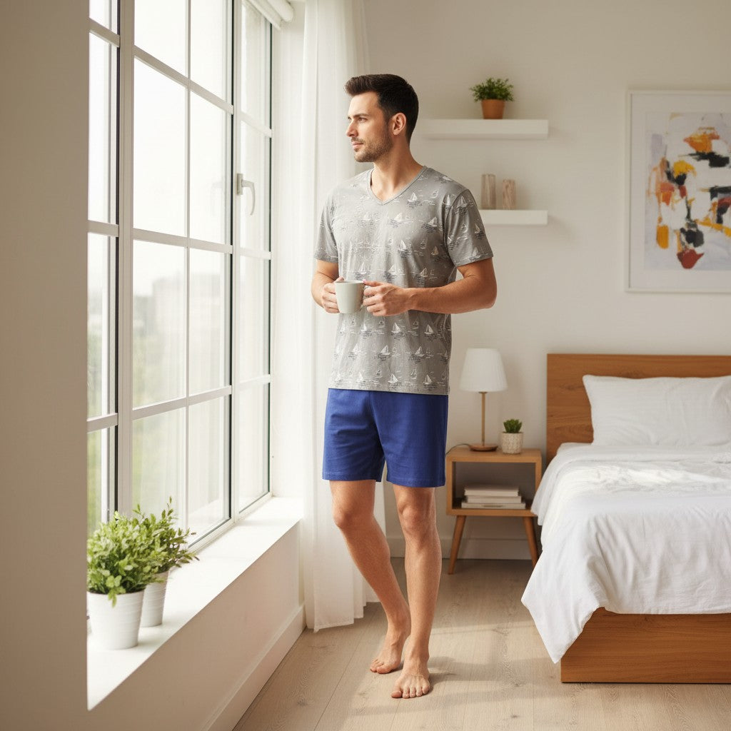 Grey sailboat print tee worn with blue shorts, standing by a bedroom window