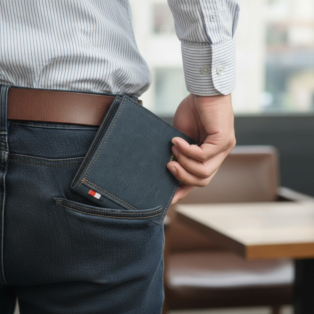 Navy bifold wallet held beside a back jeans pocket, slim everyday carry