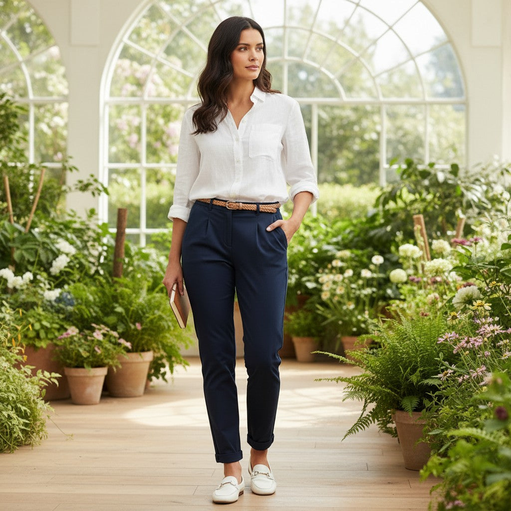 Woman in a white shirt and navy pants standing in a greenhouse filled with plants