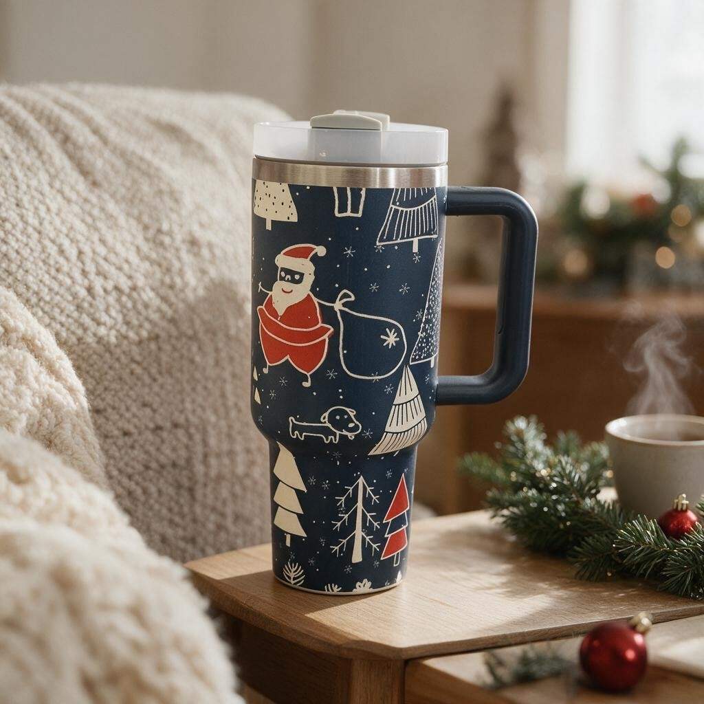 Navy insulated tumbler with a handle, printed with Santa and snowy Christmas trees