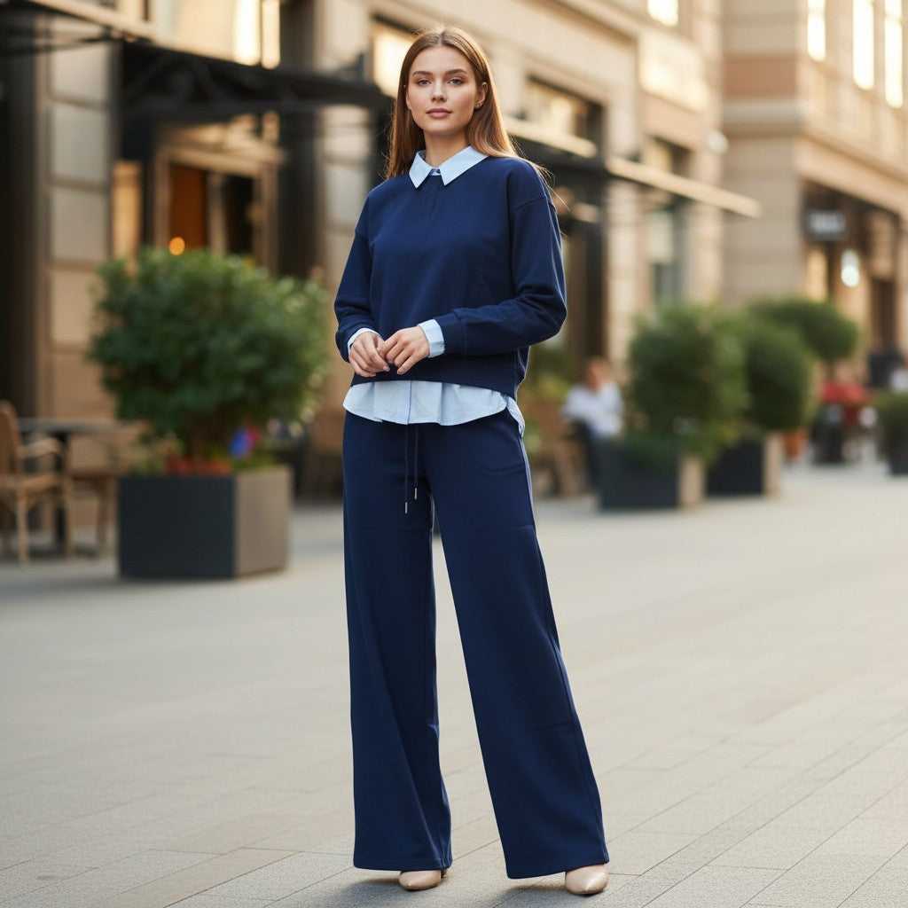 Woman in navy collared sweatshirt and wide leg pants two piece set, Jack Gifts Online Lebanon