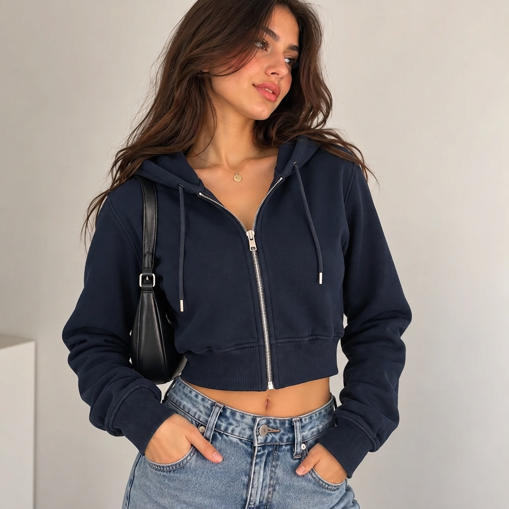 Woman in a navy cropped zip hoodie with a silver zip and a black shoulder bag