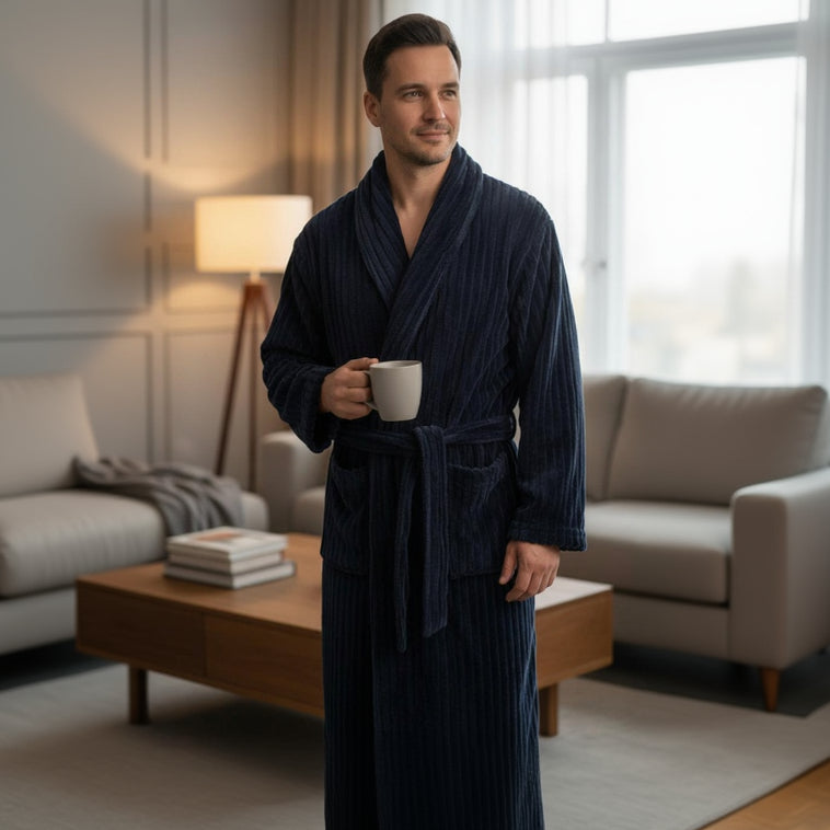 Navy ribbed robe worn with the belt tied, holding a mug by a bright window