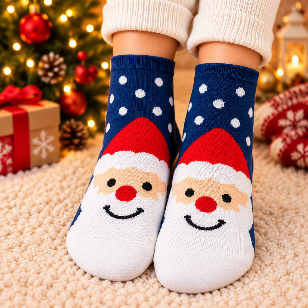 Navy polka dot Christmas socks with a large smiling Santa face and red hat on the white foot