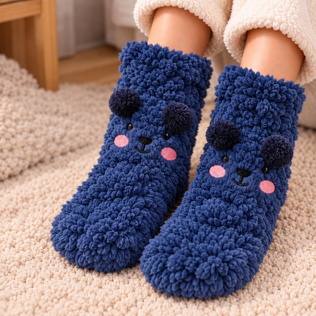 Navy fuzzy kids socks with a smiling bear face, dark navy pom pom ears and pink cheeks