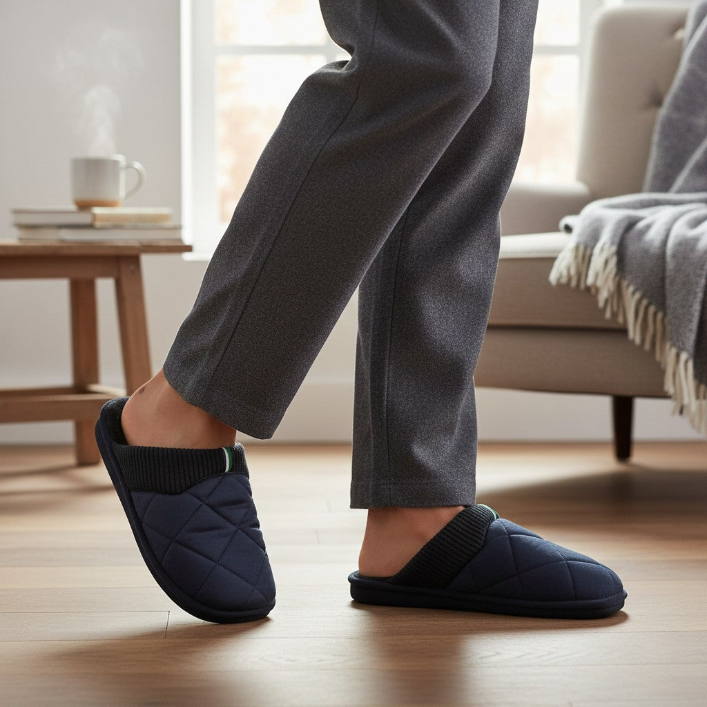 Navy quilted slippers worn stepping across a wood floor showing the ribbed collar