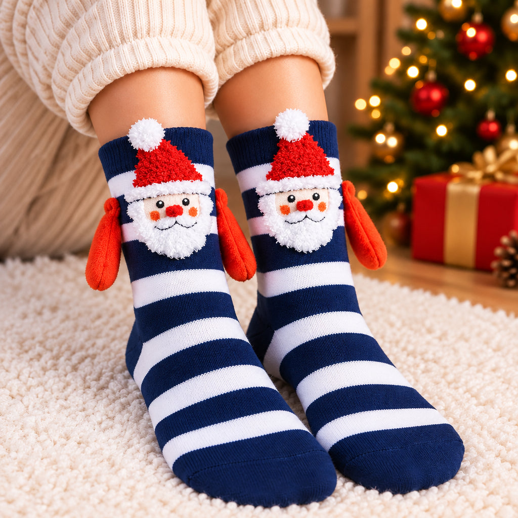 Navy and white striped Christmas socks with a Santa face and orange plush arms