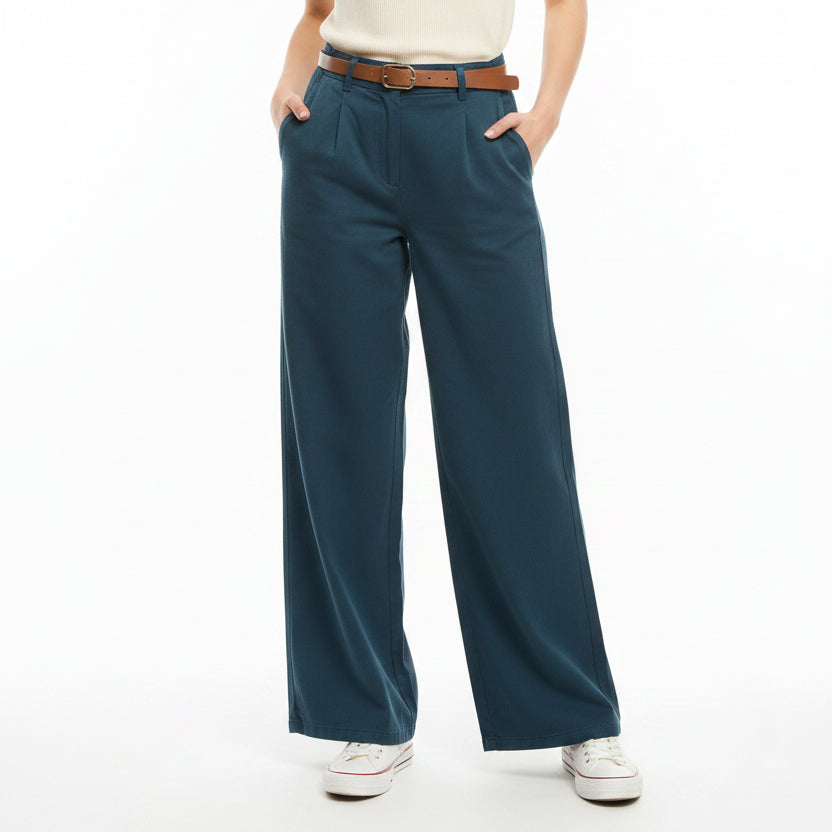 Navy wide-leg pants worn by a person on a white background