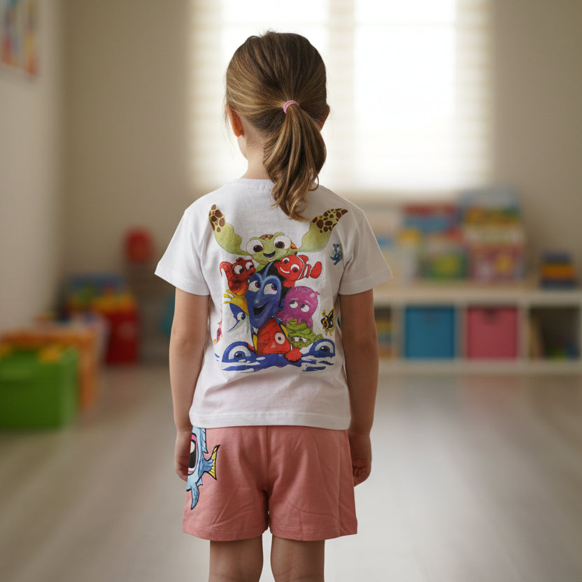 Back of a white girls tee with Nemo, Dory and turtle print above coral shorts