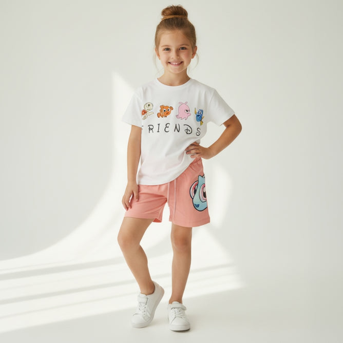 White girls set tee with a Nemo and friends print paired with coral pink shorts