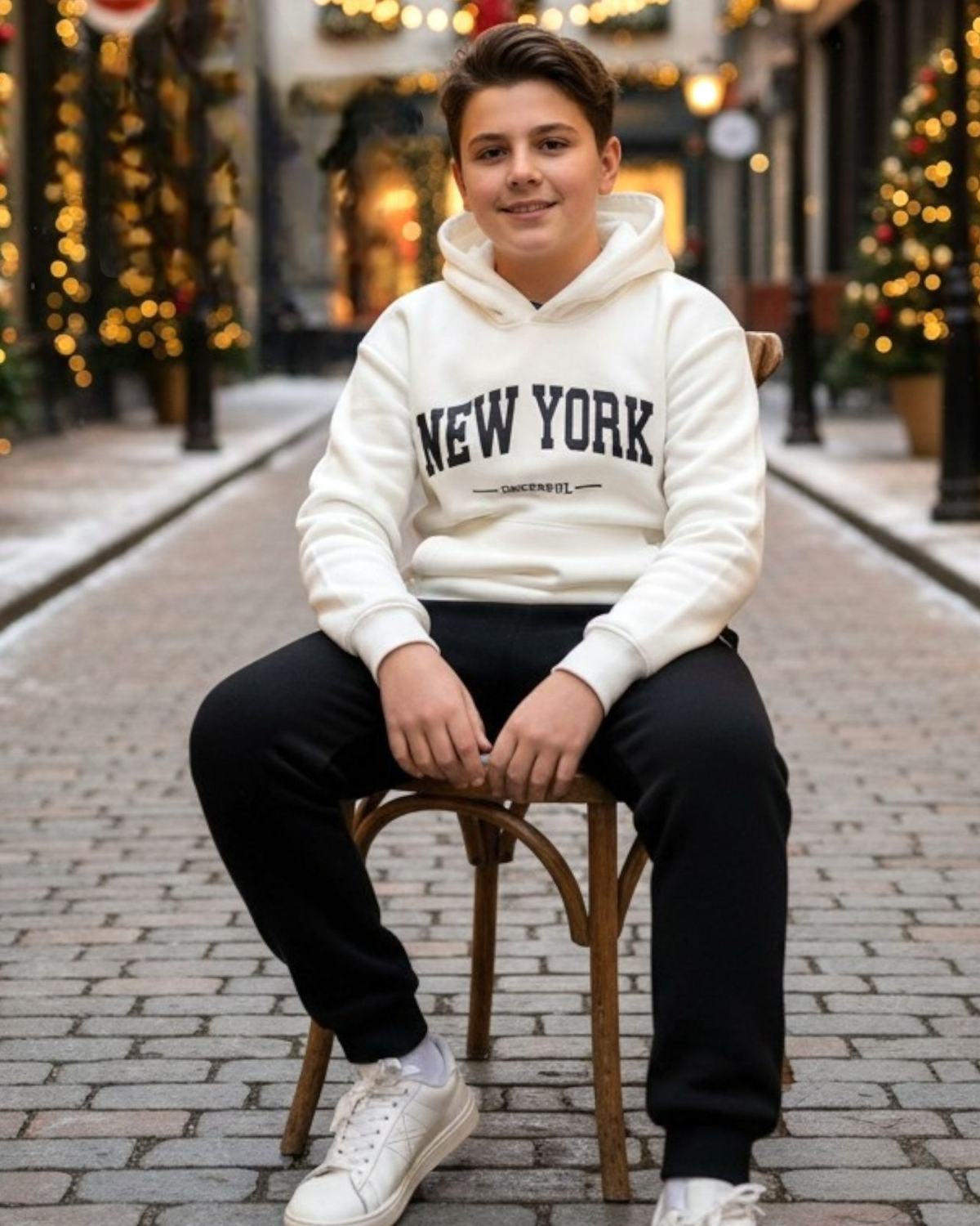 Boy seated on a wooden chair in a white New York hoodie set