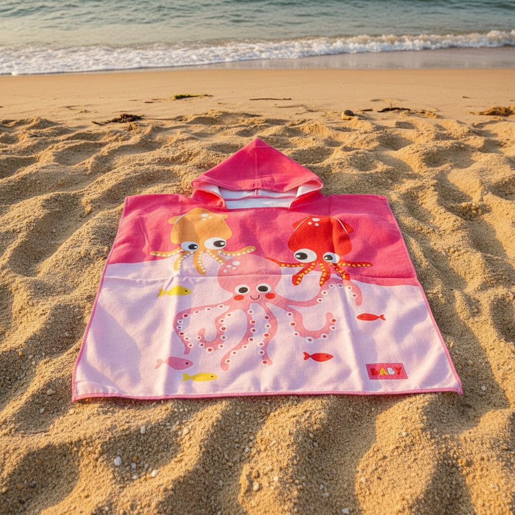 Pink cartoon crab towel on a gray floor with feet in the background