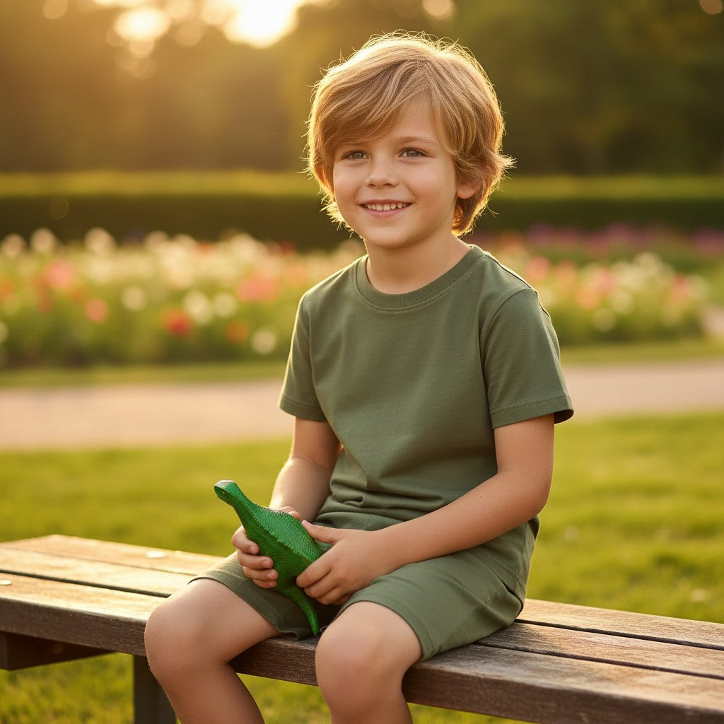 Boys olive green tee and shorts set worn in the park, Jack Gifts Online Lebanon