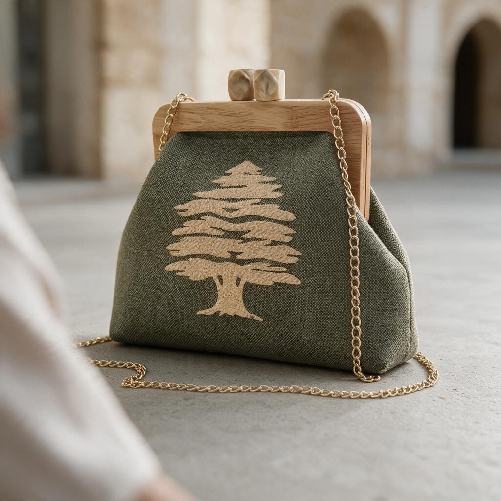 Olive green cedar embroidered clutch with a wooden clasp frame and long gold chain under stone arches