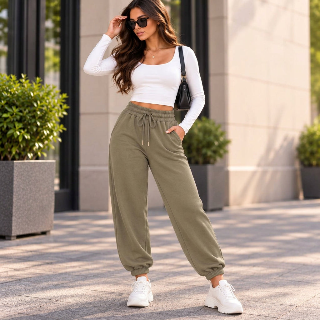 Woman in olive green cuffed joggers with a drawstring waist, a long sleeve white crop top and white sneakers