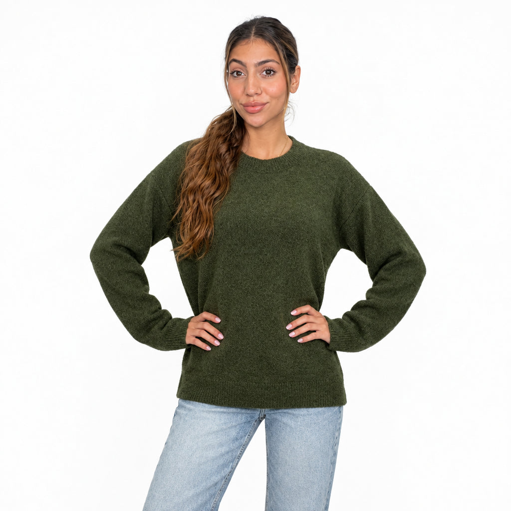 Dark olive fuzzy wool sweater with ribbed trim, hands on hips