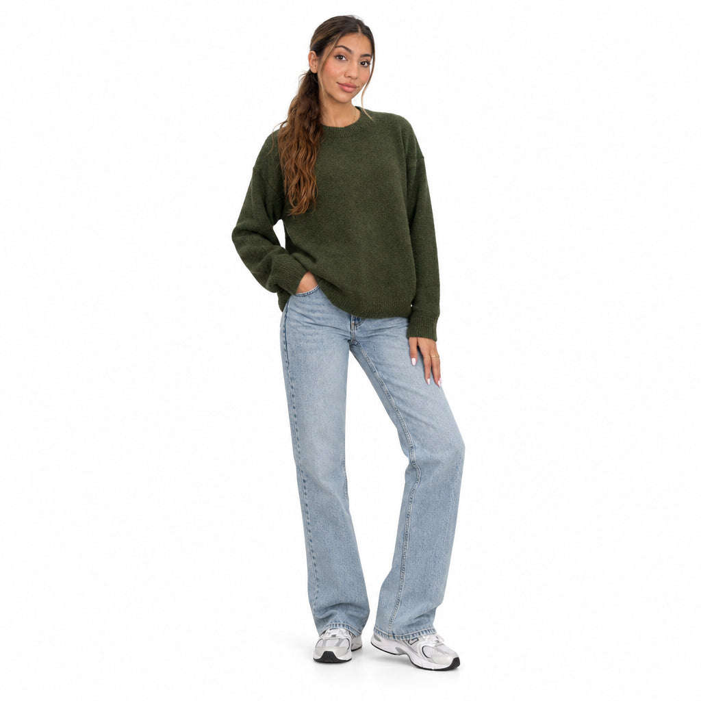 Olive green brushed knit crew neck sweater with straight jeans and sneakers