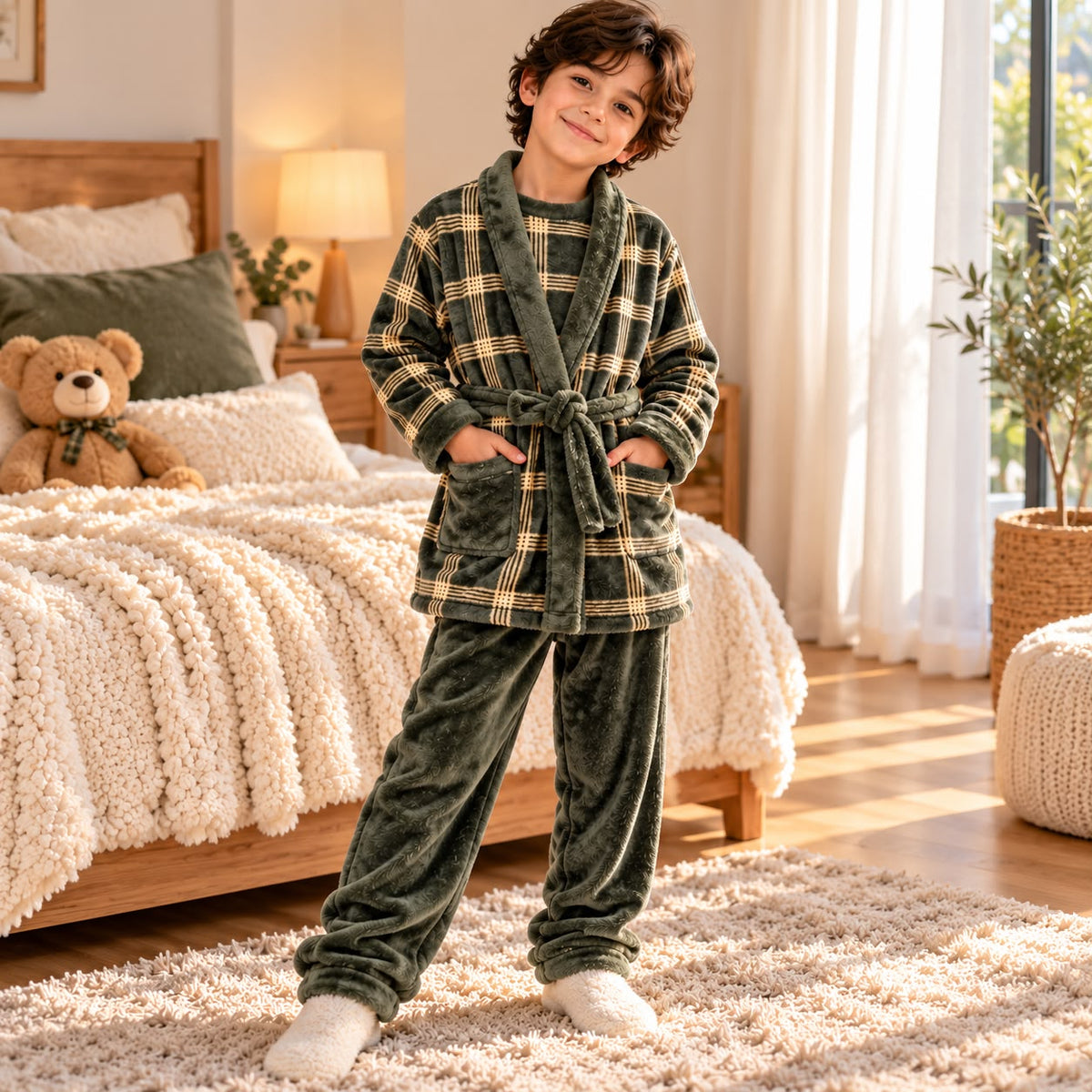 Olive plaid robe and trousers worn in a bedroom beside a bed with a teddy bear