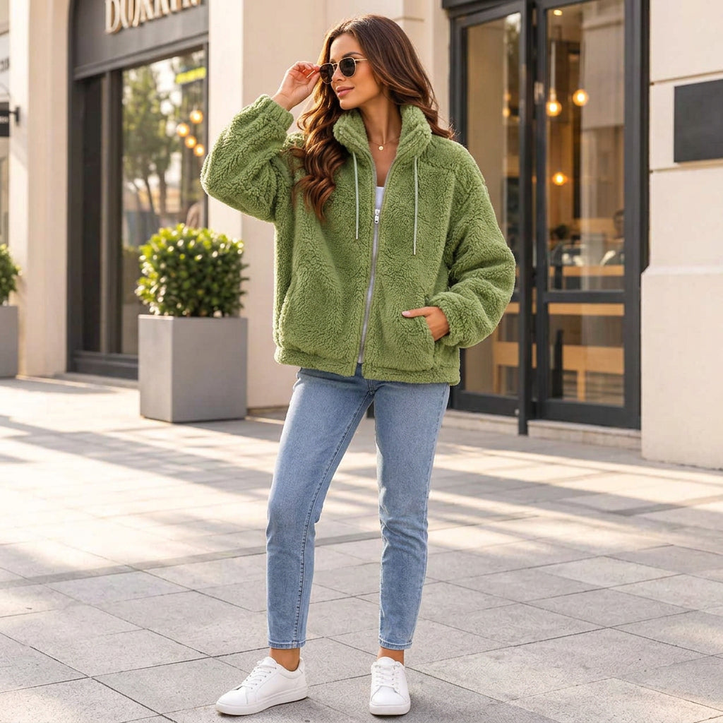 Woman in an olive green teddy fleece zip jacket with light green drawstrings and sunglasses