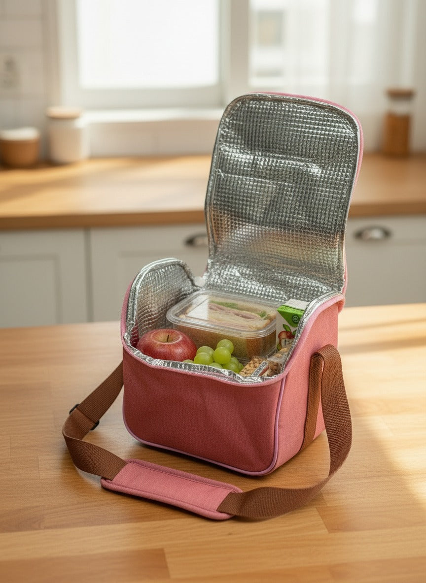 Pink insulated lunch bag with food items on a wooden table
