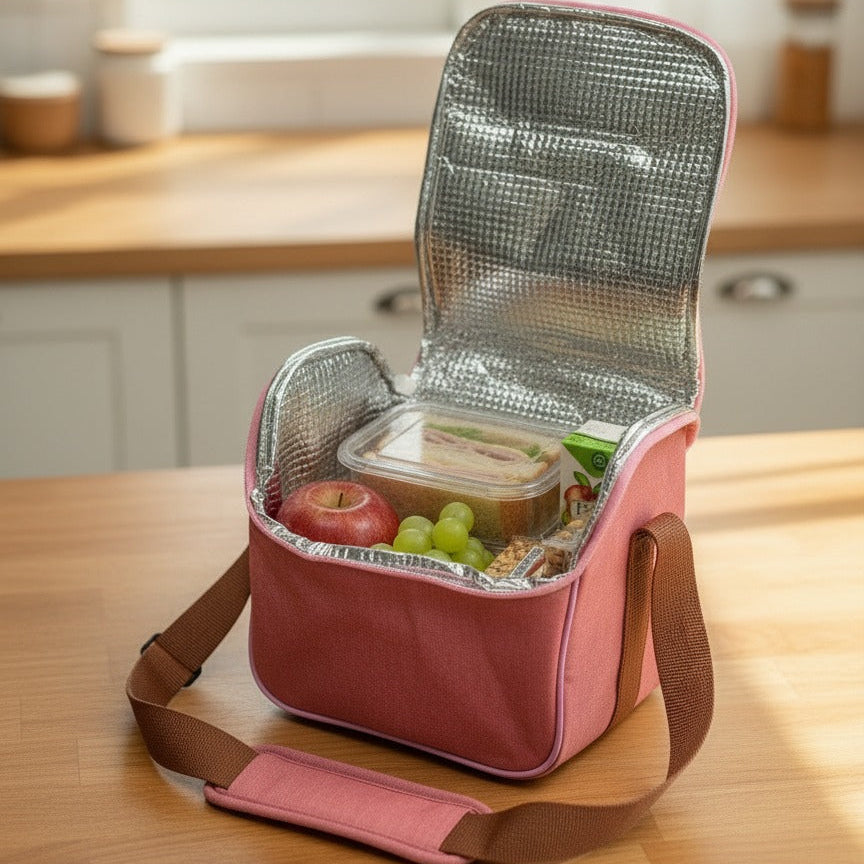 Pink insulated lunch bag with food items on a wooden table